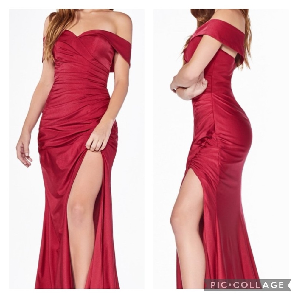 Cinderella Off-Shoulder Ruched Satin Gown in Red
